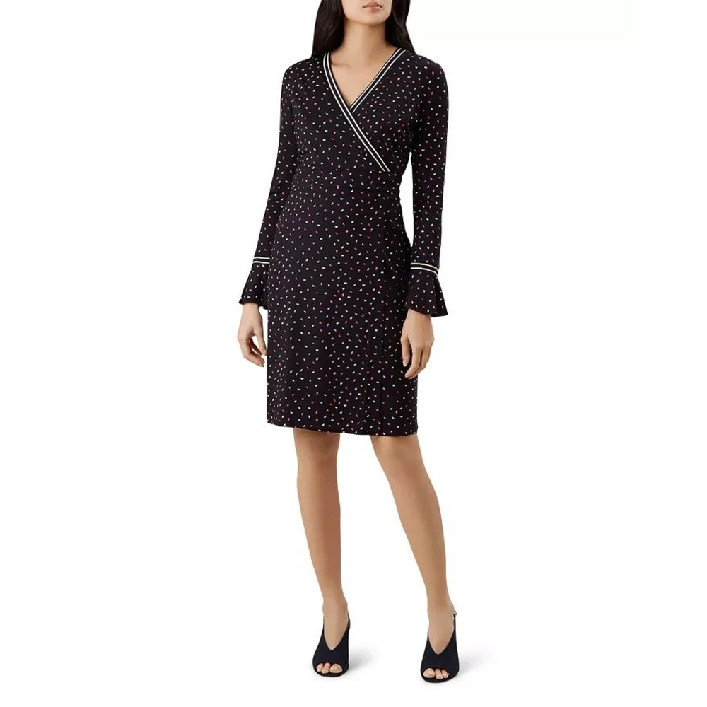 HOBBS LONDON Women‎ Melanie Printed Faux-Wrap Dress Sz US 10 Black Stretchy